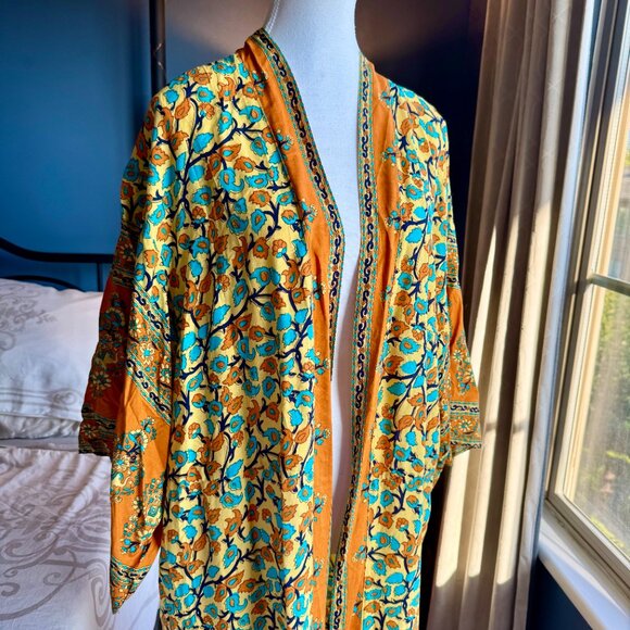 Yellow Orange and Blue Floral Boho 100% Cotton Kimono Robe - Picture 8 of 13